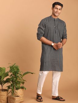 Vastramay - Mens Grey with White Cotton Kurta and Pyjama (Set of 2)