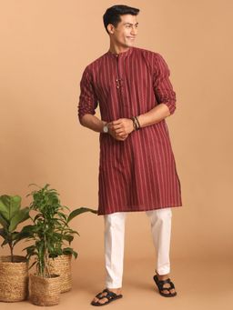 Vastramay - Mens Maroon with White Cotton Kurta and Pyjama (Set of 2)