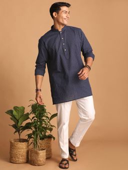 Vastramay - Mens Navy Blue with White Cotton Kurta and Pyjama (Set of 2)