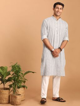 Vastramay - Mens Grey with White Cotton Kurta and Pyjama (Set of 2)