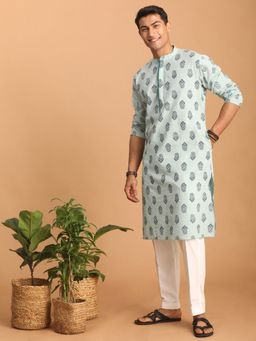 Vastramay - Mens Aqua with White Cotton Kurta and Pyjama (Set of 2)
