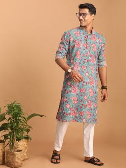 Vastramay - Mens Aqua with White Cotton Kurta and Pyjama (Set of 2)