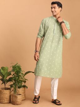 Vastramay - Mens Green with White Cotton Kurta and Pyjama (Set of 2)