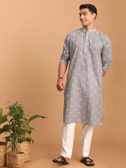 Vastramay - Mens Grey with White Cotton Kurta and Pyjama (Set of 2)