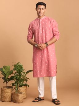 Vastramay - Mens Pink with White Cotton Kurta and Pyjama (Set of 2)