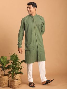 Vastramay - Mens Green with White Cotton Kurta and Pyjama (Set of 2)
