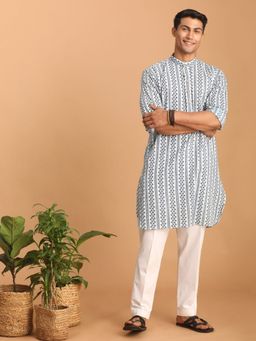 Vastramay - Mens White with Blue Cotton Kurta and Pyjama (Set of 2)
