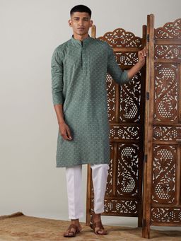 Vastramay - Mens Green with White Cotton Kurta and Pyjama (Set of 2)