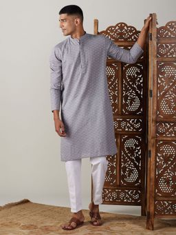 Vastramay - Mens Grey with White Cotton Kurta and Pyjama (Set of 2)