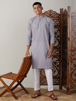 Vastramay - Mens Grey with White Cotton Kurta and Pyjama (Set of 2)