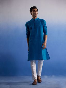 Vastramay - Mens Aqua with White Pure Cotton Kurta and Pyjama (Set of 2)