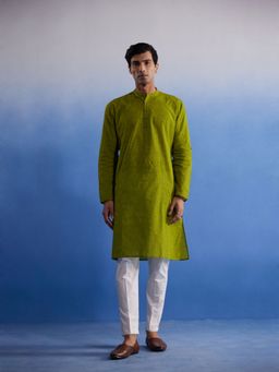 Vastramay - Mens Green with White Pure Cotton Kurta and Pyjama (Set of 2)
