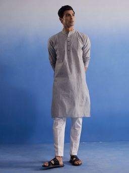 Vastramay - Mens Grey with White Pure Cotton Kurta and Pyjama (Set of 2)