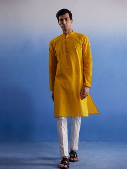 Vastramay - Mens Mustard with White Pure Cotton Kurta and Pyjama (Set of 2)