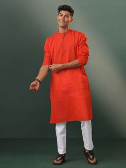 Vastramay - Mens Red with White Pure Cotton Kurta and Pyjama (Set of 2)