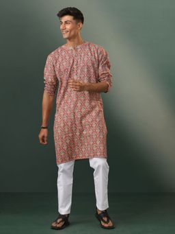 Vastramay - Mens Multicolor Base Red with White Cotton Kurta and Pyjama (Set of 2)