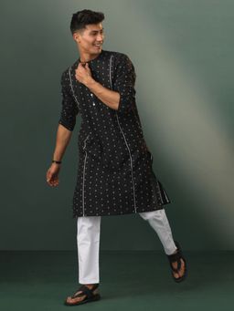 Vastramay - Mens Black with White Cotton Kurta and Pyjama (Set of 2)