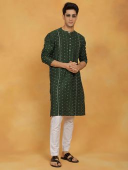 Vastramay - Mens Bottle Green with White Cotton Kurta and Pyjama (Set of 2)