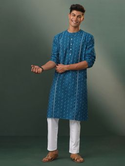 Vastramay - Mens Turquoise with White Cotton Kurta and Pyjama (Set of 2)