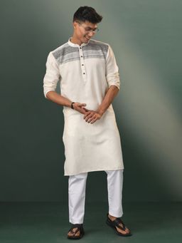 Vastramay - Mens Cream with Black Cotton Kurta and Pyjama (Set of 2)