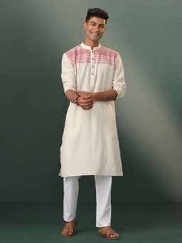 Vastramay - Mens Cream with Red Cotton Kurta and Pyjama (Set of 2)
