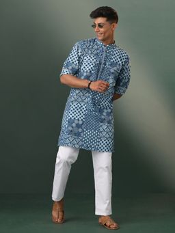 Vastramay - Mens Blue with White Cotton Kurta and Pyjama (Set of 2)