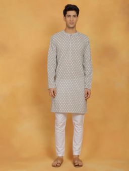 Vastramay - Mens Grey with White Cotton Kurta and Pyjama (Set of 2)