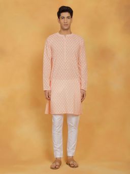 Vastramay - Mens Peach with White Cotton Kurta and Pyjama (Set of 2)