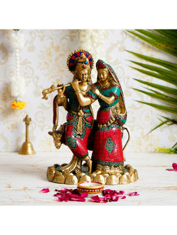 eCraftIndia - Brass Radha Krishna Pair With Cow Handcrafted Figurine With Colorful Stone Work