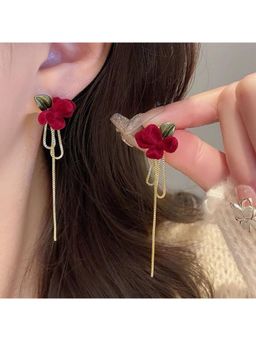 ESTAILO FASHION - Maroon Velvet Muse Drops Earrings for Women