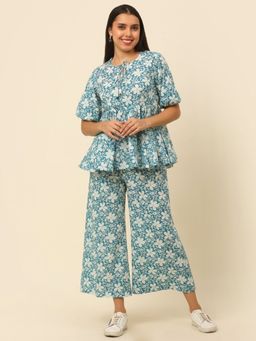 Laado - Women Blue And White Printed Gather Details Co-Ord (Set of 2)