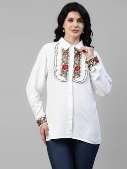 Deebaco - Women White Rayon Embroidered Shirt