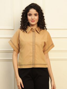 Deebaco - Women Beige Pure Cotton Kimono Style Shirt