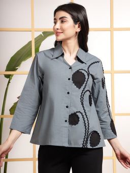 Deebaco - Women Pure Cotton Grey Embroidered Shirt