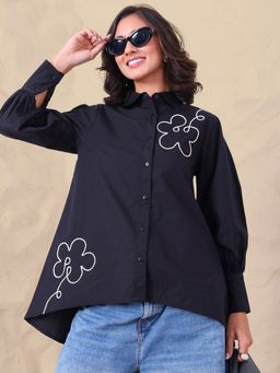 Deebaco - Women Black High Low Pure Cotton Embroidered Shirt