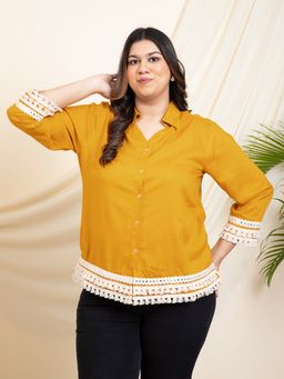 Deebaco - Women Mustard Lace Detailed Plus Size Shirt