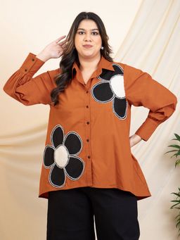 Deebaco - Women Tan Brown High Low Plus Size Shirt