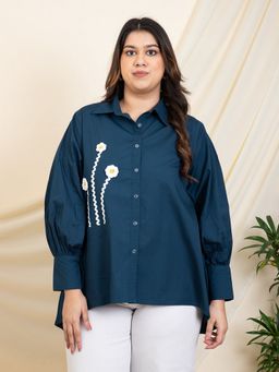 Deebaco - Women Teal Blue High Low Plus Size Shirt
