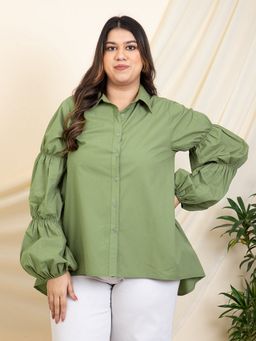 Deebaco - Women Sea Green Elasticated Sleeve High Low Plus Size Shirt