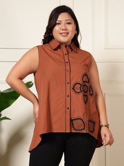 Deebaco - Women Mocha High Low Pure Cotton Plus Size Shirt