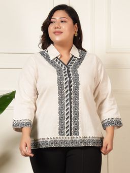 Deebaco - Women Pure Cotton Off White Border Patch Plus Size Shirt