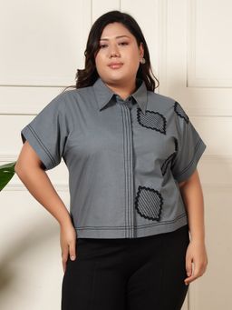 Deebaco - Women Grey Cotton Embroidered Plus Size Shirt