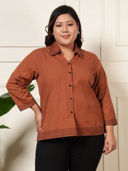 Deebaco - Women Mocha Embroidered Cotton Plus Size Shirt