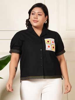 Deebaco - Women Black Cotton Embroidered Plus Size Shirt