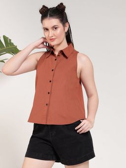 Deebaco - Women Mocha Pure Cotton Halter Style Shirt