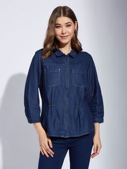 Latin Quarters - Women Blue Solid Collared Casual Regular Shirt