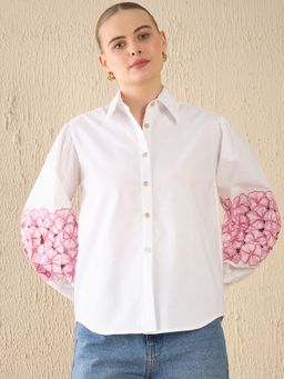 Uptownie - Balloon Sleeves Embroidered White Shirt