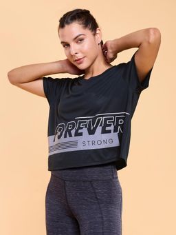 Enamor - A311 Typographic Printed Drop Shoulder Sleeves Relaxed Fit Crop T-Shirt Black