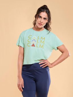 Enamor - A311 Typographic Printed Drop Shoulder Sleeves Relaxed Fit Crop T-Shirt Green