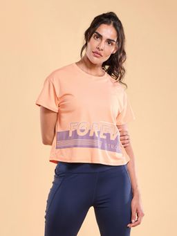Enamor - A311 Typographic Printed Drop Shoulder Sleeves Relaxed Fit Crop T-Shirt Peach
